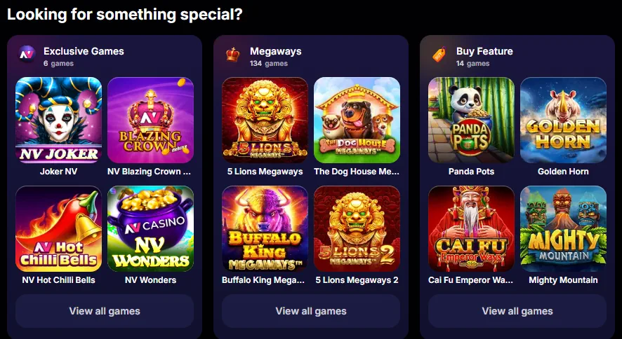 NV Casino spillbibliotek kategorier og utvalgte spilleautomater miniatyrbilder